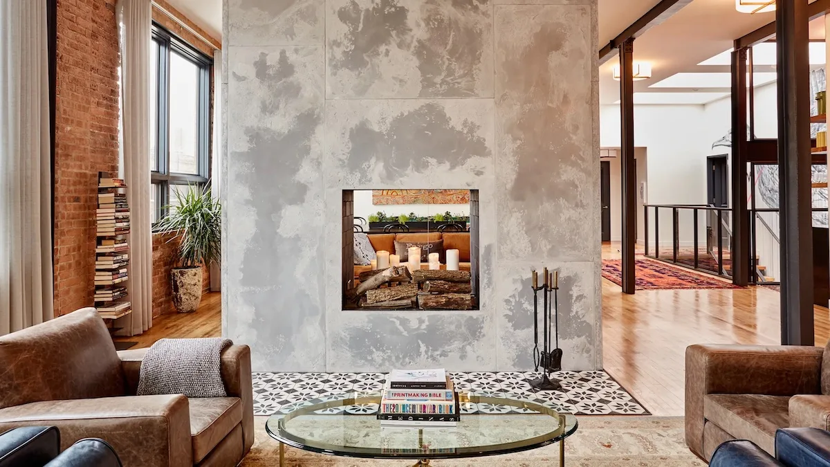 A cosy lobby space with open fire in industrial building in Chicago