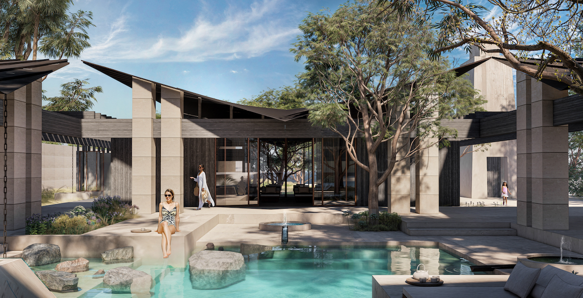 The spa at Waldorf Astoria Texas Hill Country (render) with people bathing next to pool