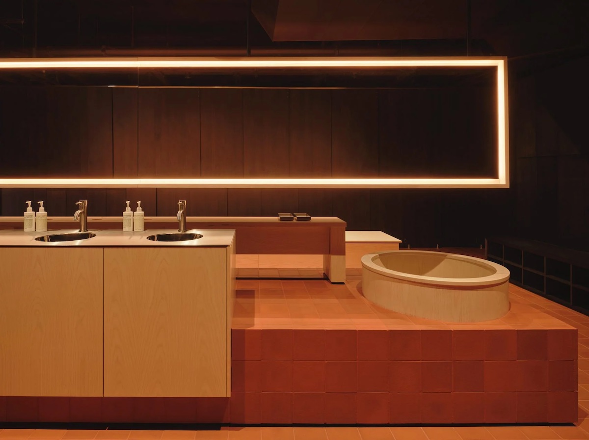A red vanity in bathroom