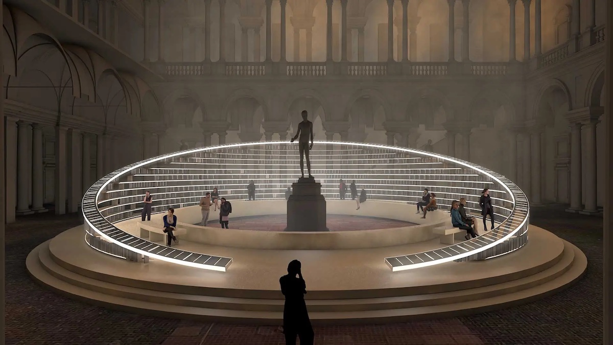 A render of a curved display with illuminated books