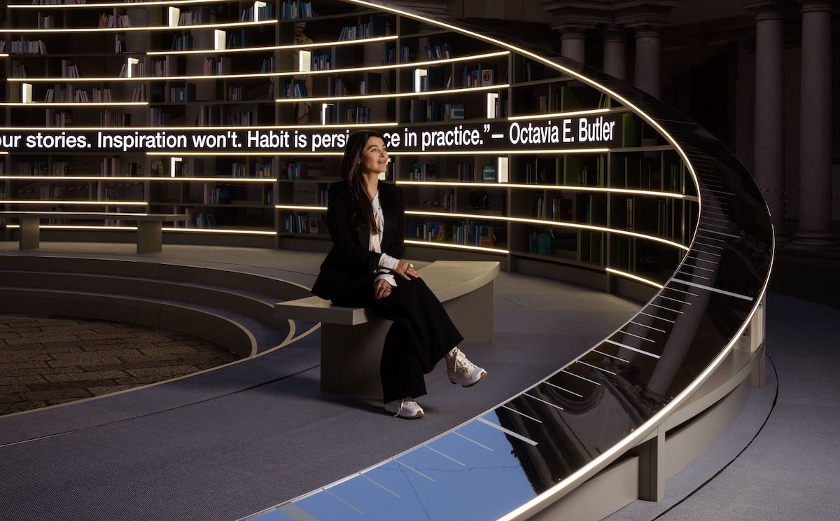 Es Devlin in the middle of her own set, Library of Light - showcased at Milan Design Week