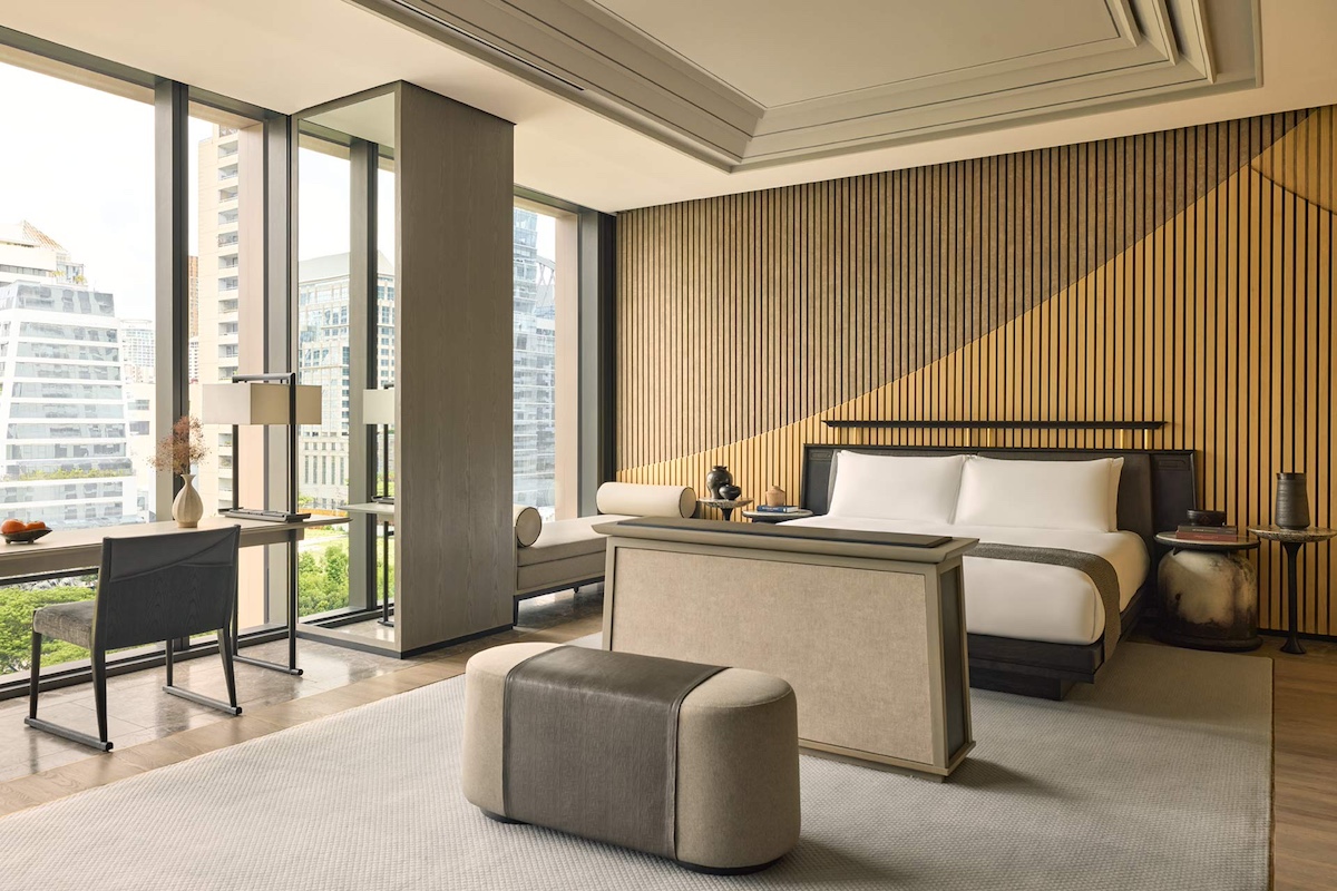 Calm interiors - woods and beige - inside Aman Nai Lert in Bangkok
