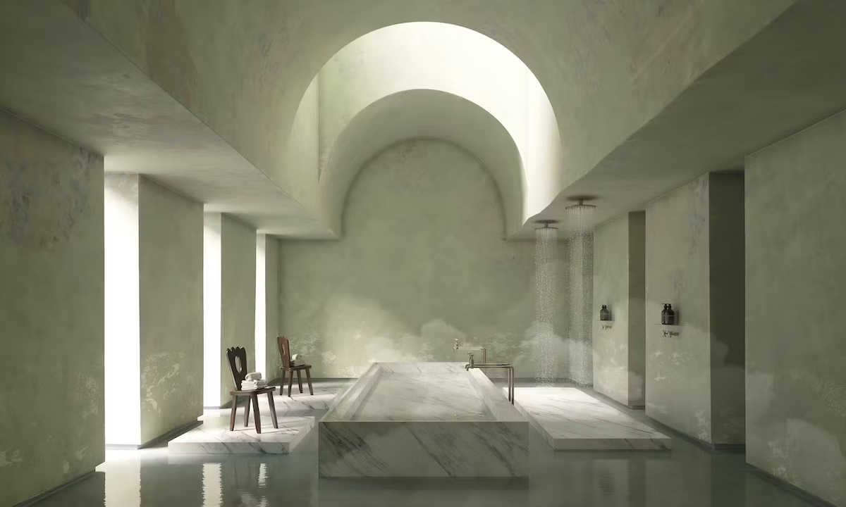 Solace colour trend seen in green room with large ceilings and mint green hues