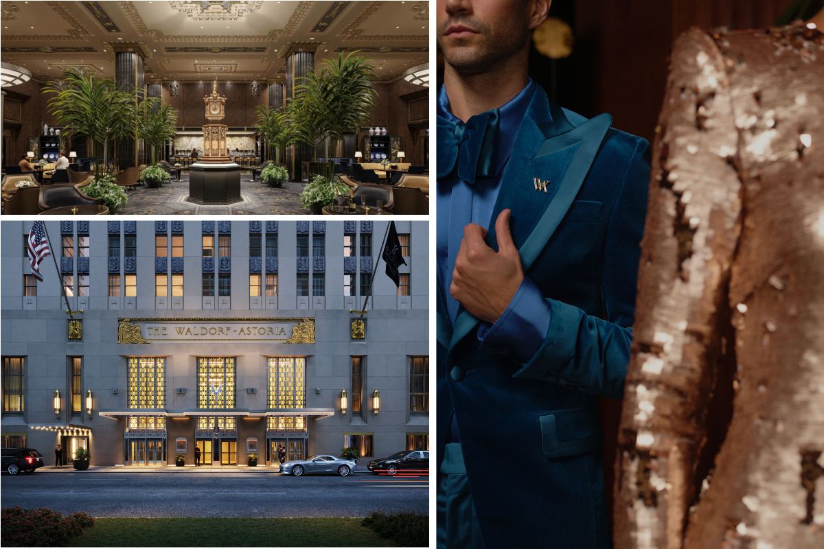 Waldorf Astoria New York lobby and the hotel's glamorous uniforms designed by Nicholas Oakwell